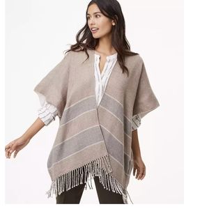 LOFT Khaki Grey Stripe Poncho Sweater Soft Fringe XS / Small